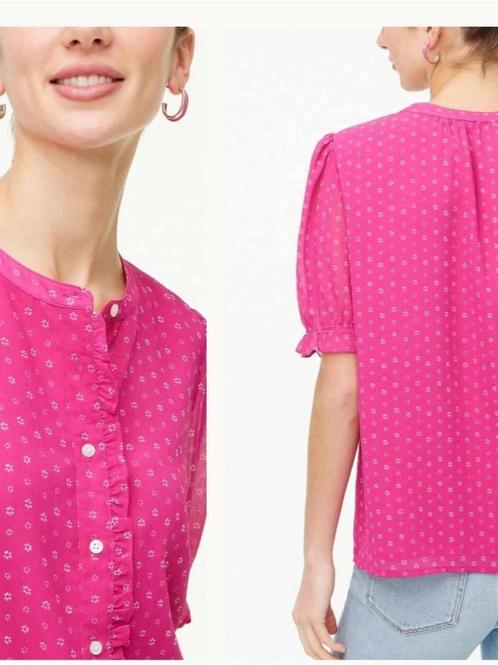 J. Crew Puff Sleeve Ruffle Top Fuschia Pink Floral Blouse